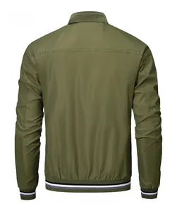 Rear view of olive green bomber jacket with striped ribbed cuffs and stand collar