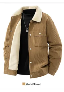 Detail of khaki corduroy jacket showing soft white sherpa fleece lining and snap buttons