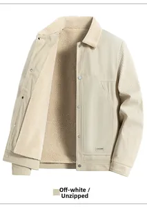 Detail of men's cream corduroy jacket with thick faux shearling lining and metal buttons