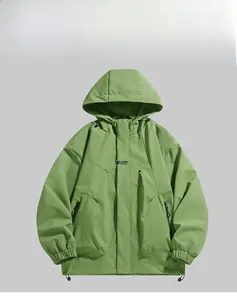 Detail of fruit green waterproof windbreaker featuring adjustable hood and elastic cuffs