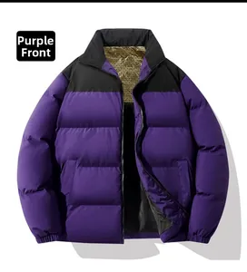 Front view of purple and black hooded puffer jacket with quilted warm insulation