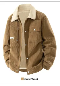 Detail of khaki corduroy jacket with thick white fleece lining and snap button closure