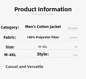 Detailed size and material specification chart for the men's winter puffer jacket