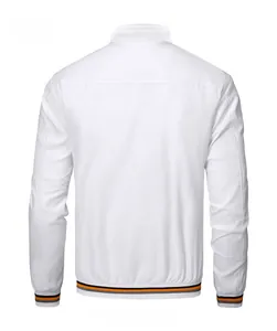 Back view of white casual jacket with orange and black striped ribbed cuffs and collar