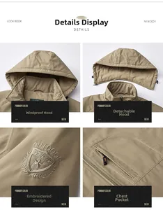 Detail of khaki outdoor jacket showing detachable hood and embroidered arm badge