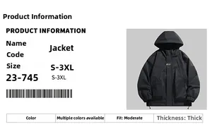 Size chart and details of a black waterproof hooded windbreaker outdoor jacket
