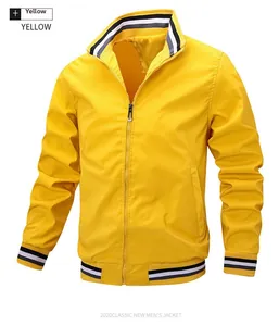 Detail of the yellow jacket showing striped knit collar, zipper and polyester texture
