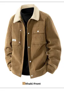 Detailed front view of khaki corduroy jacket featuring white faux shearling collar and pockets
