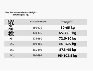 Detailed size chart for men and women puffer jackets including height and weight recommendations