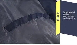 Detailed close-up showing the interior pocket and plaid lining of the navy blue jacket