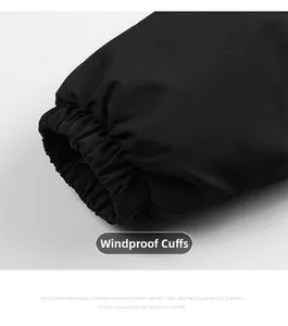 Detail of black windproof elastic cuffs on a thick winter padded jacket for men