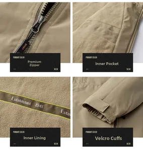 Detail view of khaki jacket showing fleece lining, sport zipper, and velcro cuffs