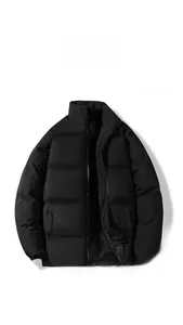 Detailed view of black stand-collar puffer jacket with zipper and elastic cuffs