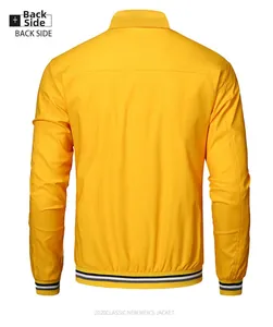 Back view of yellow men's jacket showing striped ribbed trim on hem and cuffs