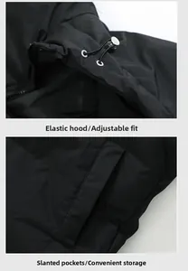 Détail de la capuche réglable avec cordon de serrage et des poches latérales sur une veste noire