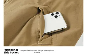Detail of cargo jacket side pocket with phone inside showing large storage and stitching