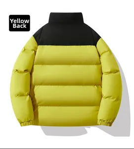 Rear view of yellow and black winter puffer jacket with horizontal quilting and elastic cuffs