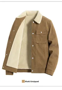Detail of khaki corduroy jacket showing soft cream sherpa lining and metal buttons