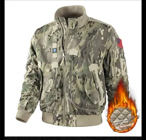 Detail of military camo tactical jacket with quilted lining and USA flag patch