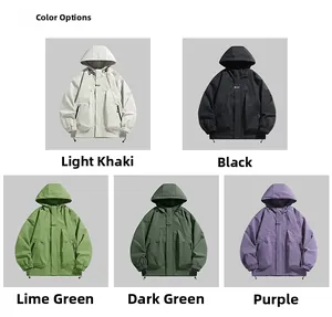 Outdoor hooded jackets in five colors: khaki, black, lime green, dark green, and purple
