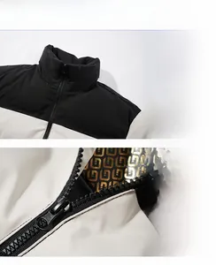 Detail of winter puffer jacket featuring high collar and smooth zipper closure