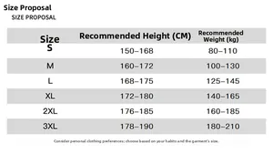 Detailed size guide table for waterproof outdoor jacket showing height and weight in kg