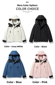 Outdoor windbreaker jacket detail in ivory, black, blue, and pink colors