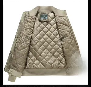 Close-up of camouflage bomber jacket featuring quilted lining and ribbed knit collar