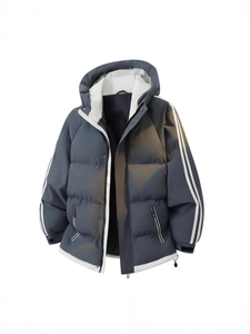 Men's winter hooded padded jacket in dark blue with striped sleeves and white lining