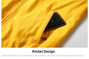 Detail shot of the side pocket on a bright yellow athletic jacket holding a smartphone