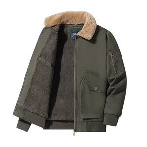 Men's winter military green bomber jacket with fleece collar and thick warm lining