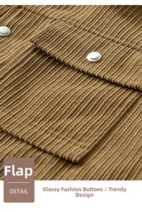Macro detail of corduroy fabric texture with silver metal button on a flap pocket