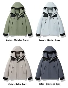 Outdoor windbreaker jackets in four colors: matcha green, light grey, beige, and dark grey
