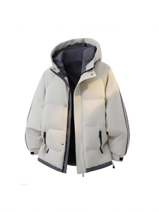 Men's winter oversized hooded parka in beige with grey contrast lining and quilted design