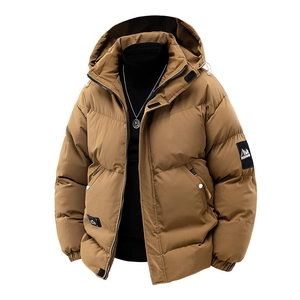 Winter men's brown corduroy padded puffer jacket with hood and graphene warmth technology