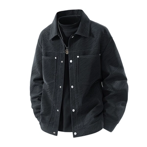 Men's casual black jacket with subtle tiger stripe pattern and classic fold-over collar