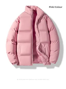 Close-up of pink puffer jacket showing horizontal quilting and stand collar detail