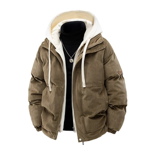 Men's Japanese Retro Corduroy Padded Jacket False Two-Piece Hooded Thickened Warm Winter Coat Casual Loose Top For Men