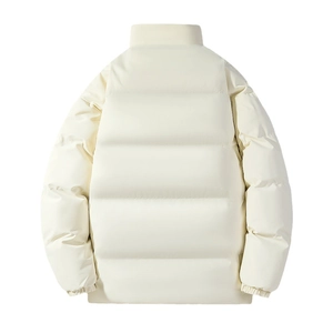 Men's thickened cream puffer jacket featuring a stand collar and wide horizontal quilting