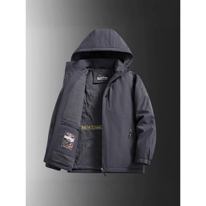 Men's dark gray windproof hooded jacket with warm fleece lining and adjustable cuffs