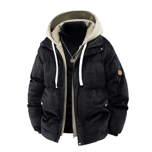 Black corduroy winter jacket with faux two-piece hood and silver coin necklace
