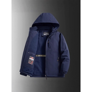 Men's navy blue fleece-lined winter parka jacket with adjustable hood and windproof fabric