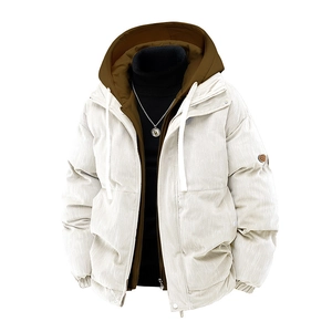 Men's winter corduroy padded hooded jacket in beige with dark brown layered interior