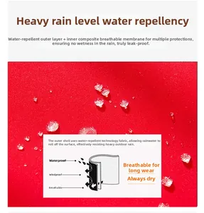 Close-up of red waterproof fabric with water droplets and multi-layer windproof texture
