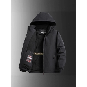 Men's black fleece-lined outdoor jacket with hood, windproof and thermal thick winter coat