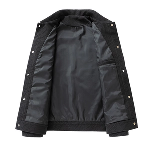 Men's casual black jacket with ripple texture and gray silk lining in flat lay view