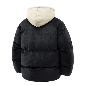 Back view of black corduroy hooded puffer jacket with beige contrast drawstring hood