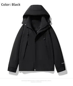 Detail of adjustable hood and outdoor logo on the cuff of a black windbreaker jacket