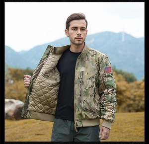 Detail of camouflage bomber jacket with quilted lining and USA flag patch on the arm