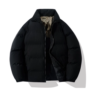 Winter puffer jacket in black with high collar and patterned lining for warmth